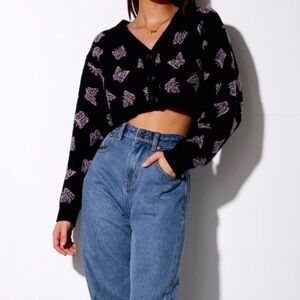 Motel Rocks Olina Cropped Cardigan In Black And Purple Butterfly